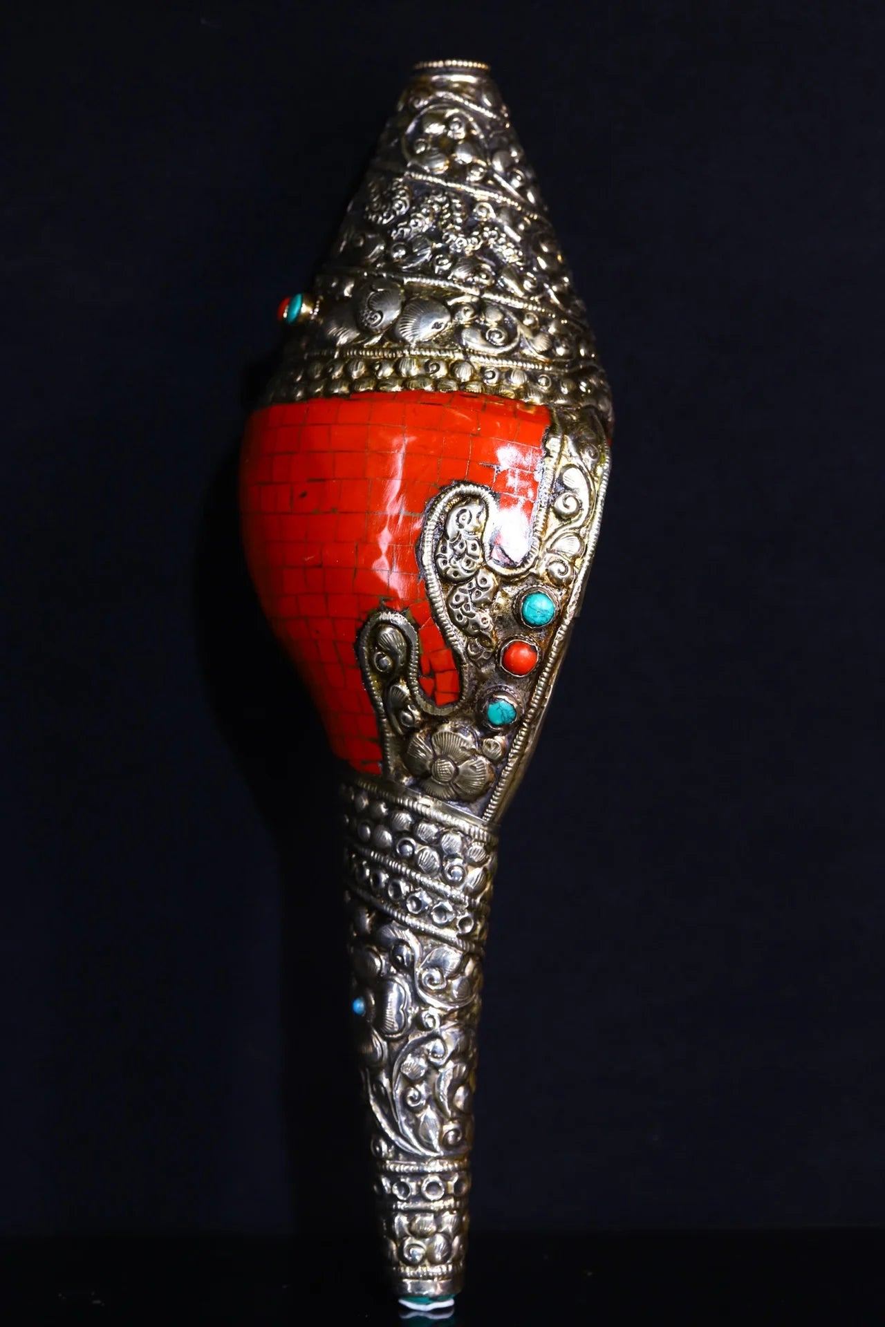 13"Tibetan Temple Collection Old Natural Conch Tibetan silver Mosaic Gem Turquoise Buddha Conch Worship Hall Town house