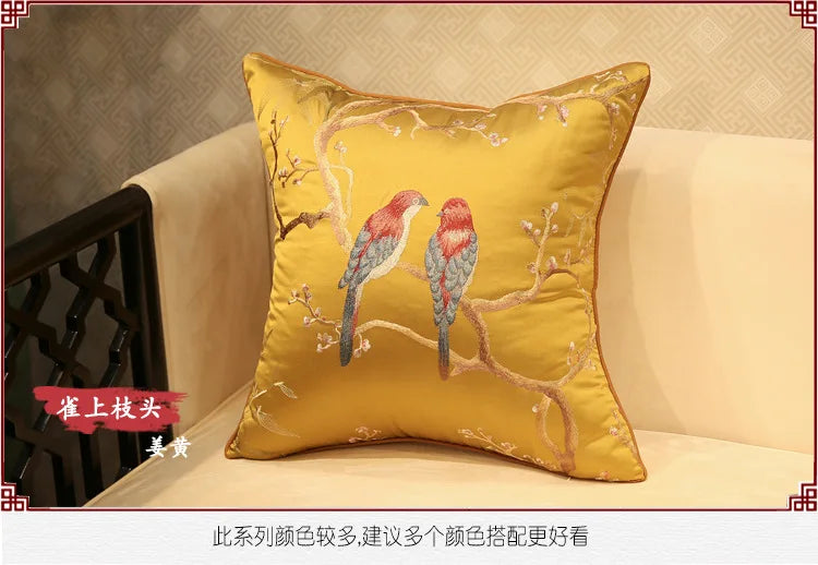 Chinese-Style Sparrow Embroidered Cushion Cover – Blackish-Green Throw Pillow Case
