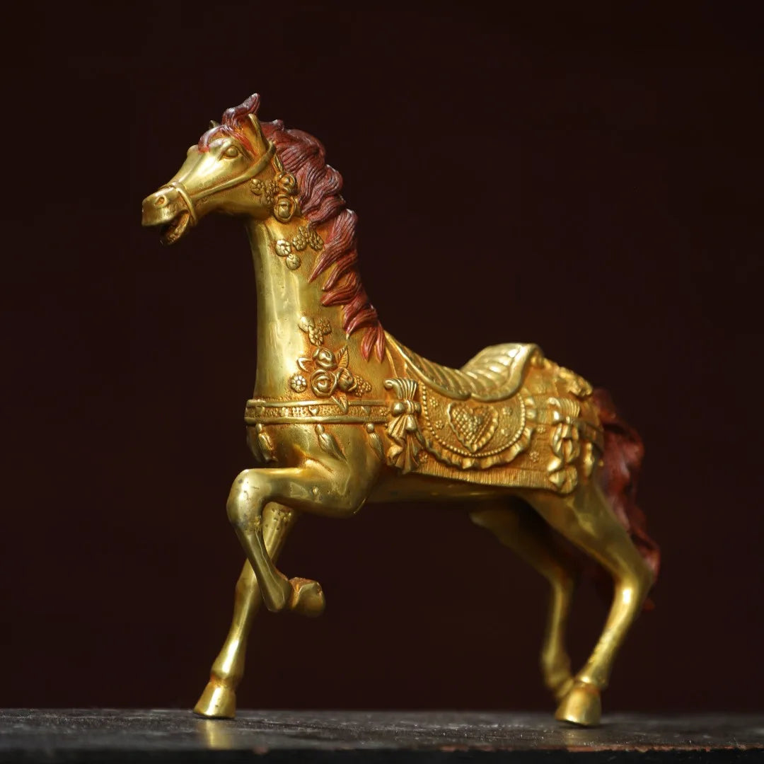 Tibetan Bronze Gilded Cinnabar Tang Horse Statue (10")