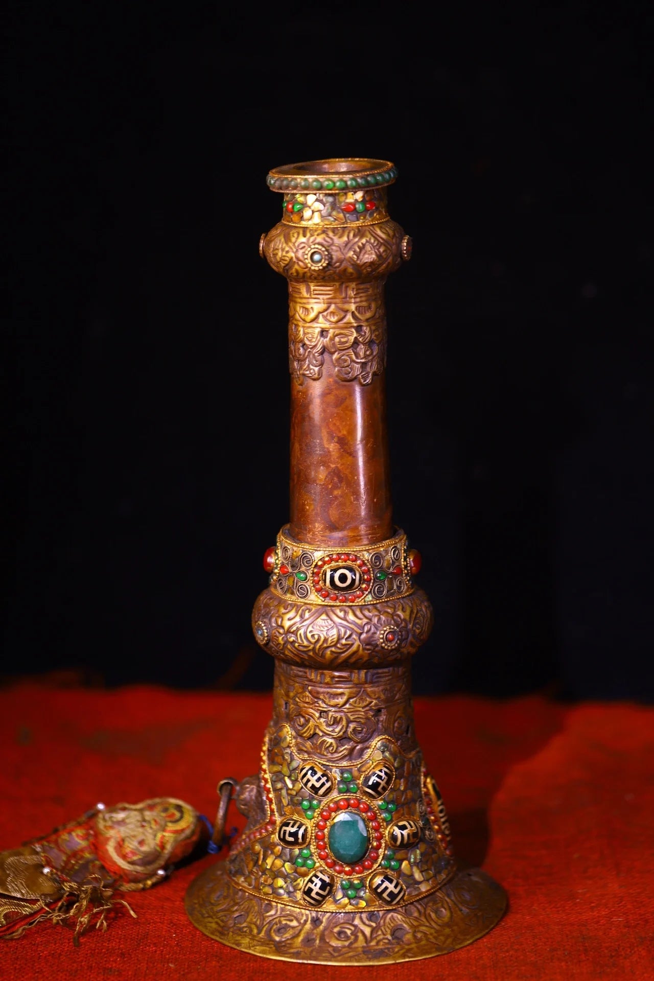 Tibetan Purple-Bronze Prayer Horn with Mosaic Gems & Gzi Beads