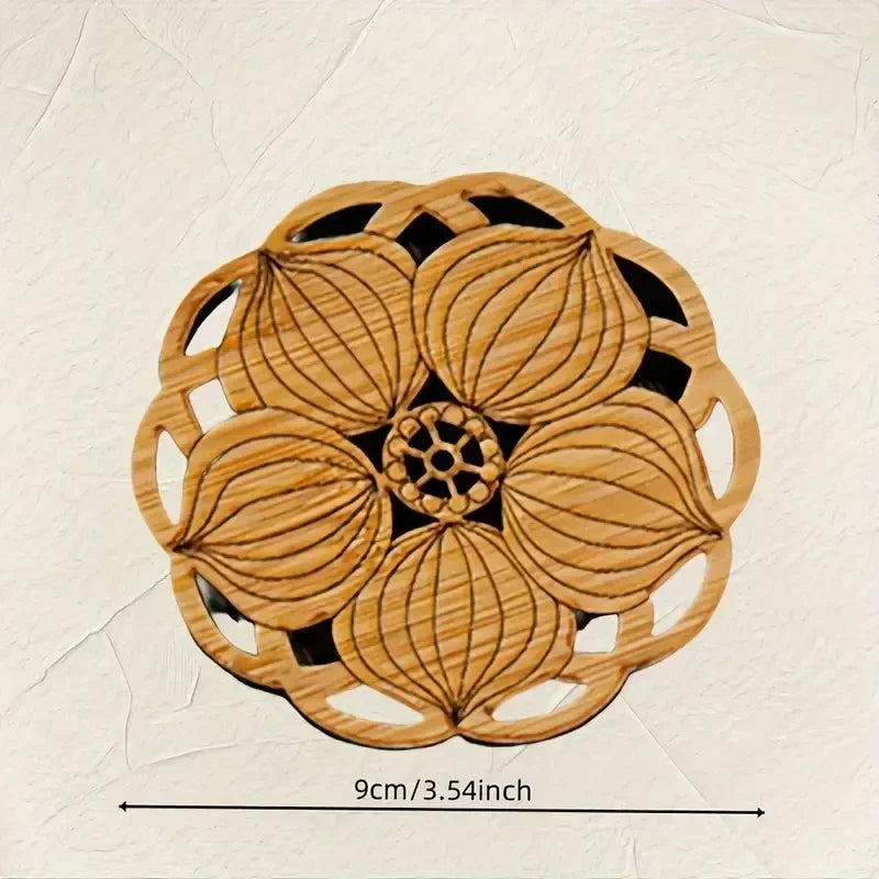 Carved Lotus Wooden Coasters | Natural Wood Tea & Coffee Cup Mats