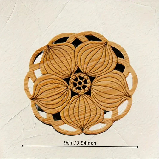 Carved Lotus Wooden Coasters | Natural Wood Tea & Coffee Cup Mats