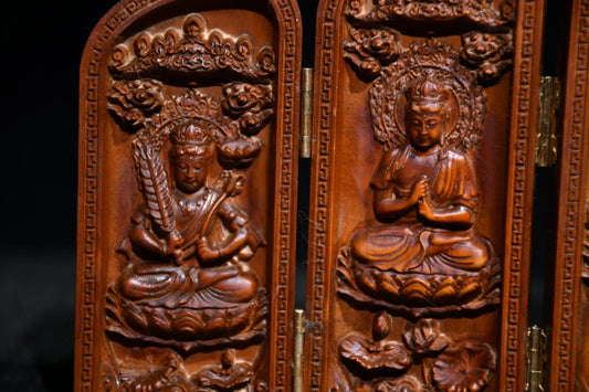 6"Tibetan Temple Collection Old Boxwood Guanyin Bodhisattva Eight Buddha Statue  Buddhist altar Three open boxes Office