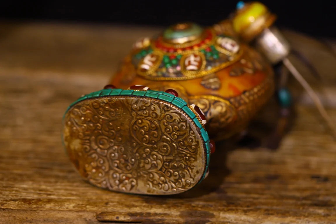 Bienenwachs & tibetisches Silber gZi Schnupftabakflaschen-Amulett – Asiatische Heimdekoration