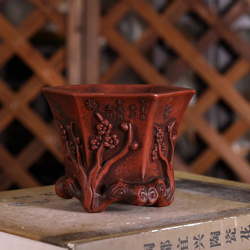 Purple Sand Plum Blossom Bonsai Pot – Carved Traditional Chinese Planter