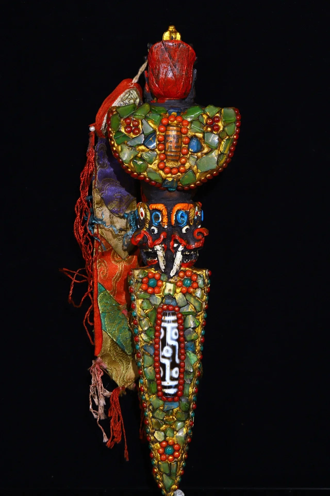 13"Tibetan Temple Collection yak bone Mosaic Gem gZi Beads Shell Puba Vajra Buddha  Head Vajra Phurpa Amulet Dharam Town house