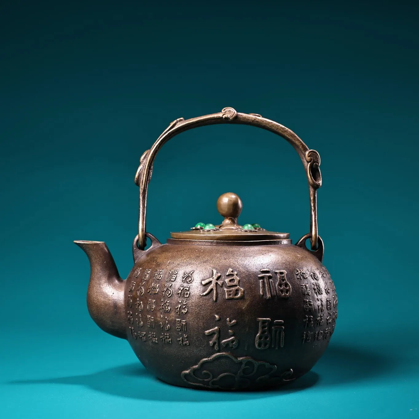 8" Tibetan Temple Collection Old Bronze Cinnabar Mosaic Gem “Hundred Blessings” Pot / Teapot