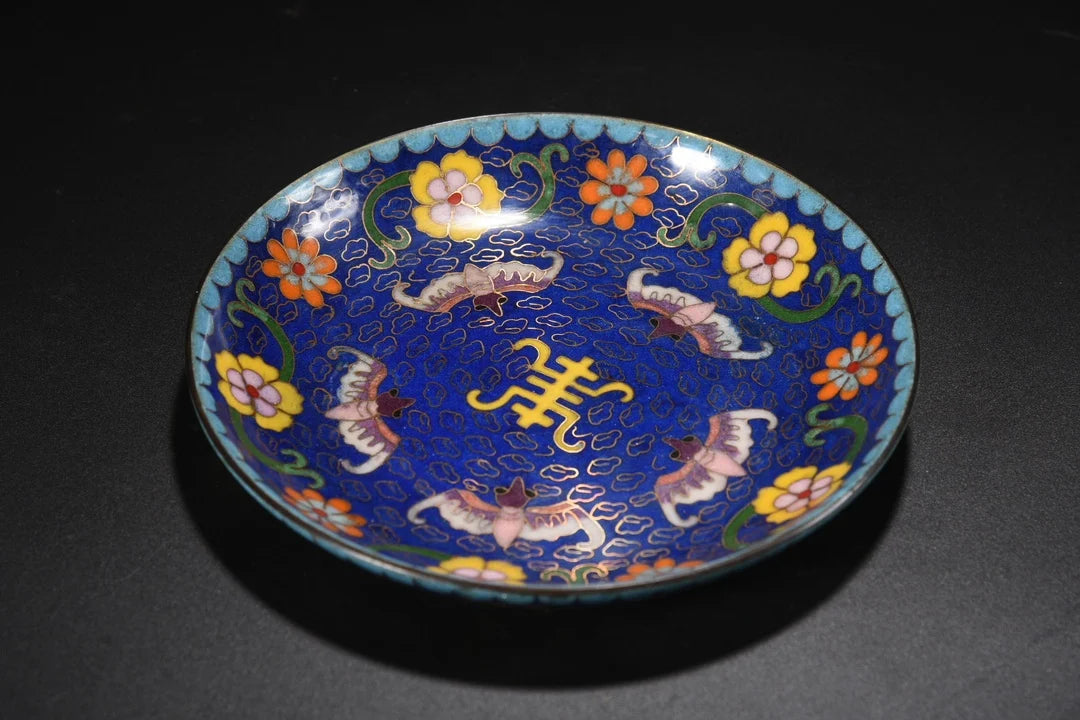 Tibetan Temple Cloisonné Five-Bat Longevity Plate – Bronze Reward Screen (7")