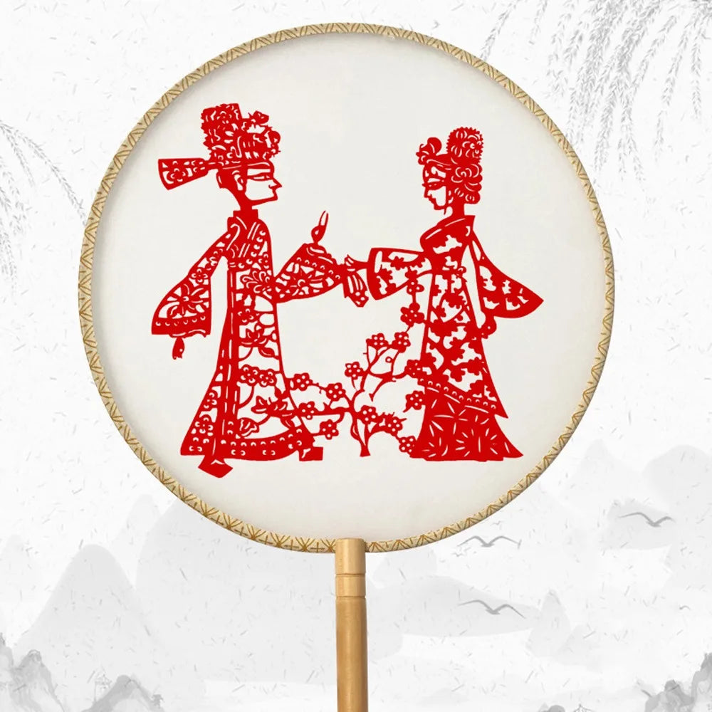 Traditional Vintage Chinese Paper-cut Fan Long Handled Artistic Silk Handheld Fans with Tassel Group Fan Wedding Party