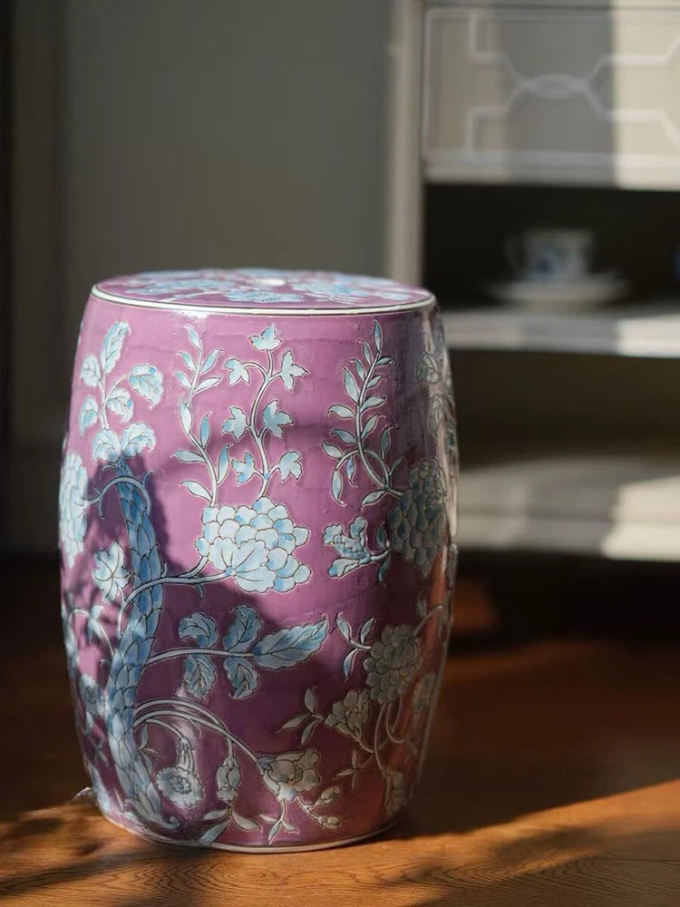 Hand-Painted Lavender Floral Ceramic Drum Stool | Botanical Accent Side Table