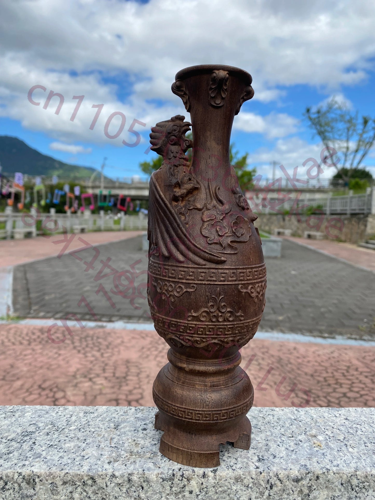 Hand-Carved Vietnamese Agarwood Dragon & Phoenix Vase - 10" Feng Shui Sculpture for Home Decor, Living Room, Office, Gifts