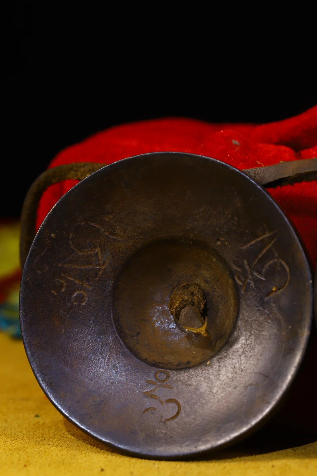 Tibetan Bronze Cinnabar Eight Treasures Buddha Bell (3")