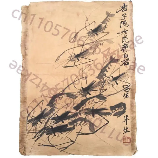 Qi Baishi Stil „Acht Garnelen“ Reispapier-Hängerolle Wanddekoration