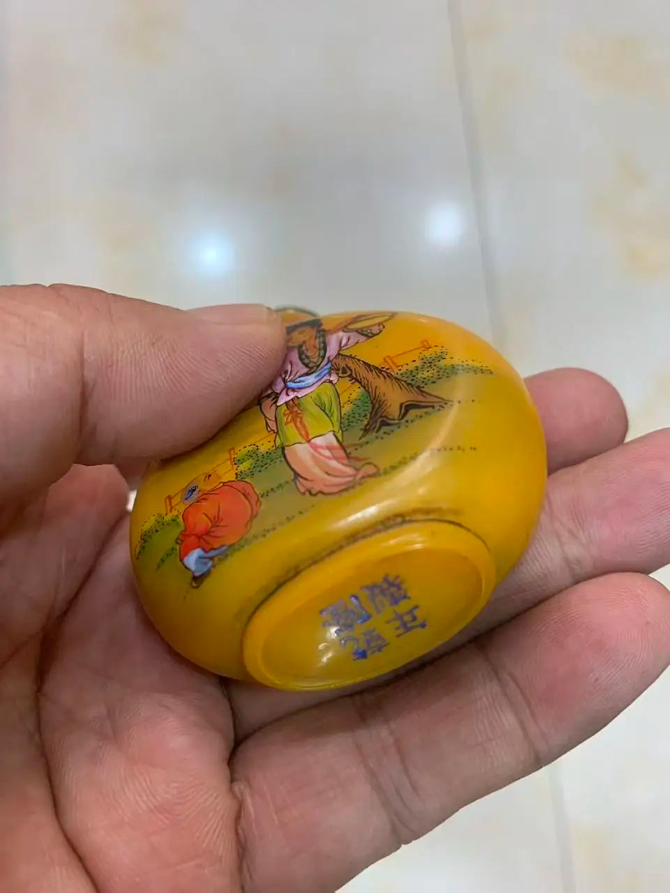Antique Qing Dynasty Colored Glaze Snuff Bottle, - Mother-son Painting