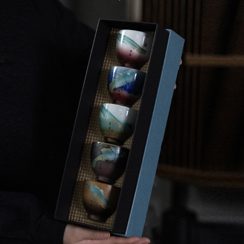 Chinese Kiln Ceramic Set of Five Cups in Gift Packaging