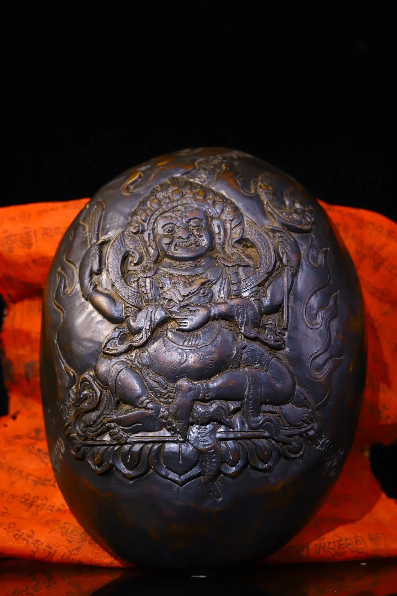 6"Tibetan Temple Collection Old Gabala Bowl  Tibetan silver Skull Head Four-armed Mahakala Buddha Dharma Ornaments Town House