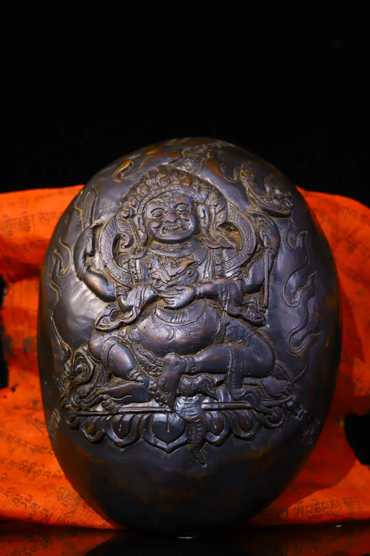 6"Tibetan Temple Collection Old Gabala Bowl  Tibetan silver Skull Head Four-armed Mahakala Buddha Dharma Ornaments Town House