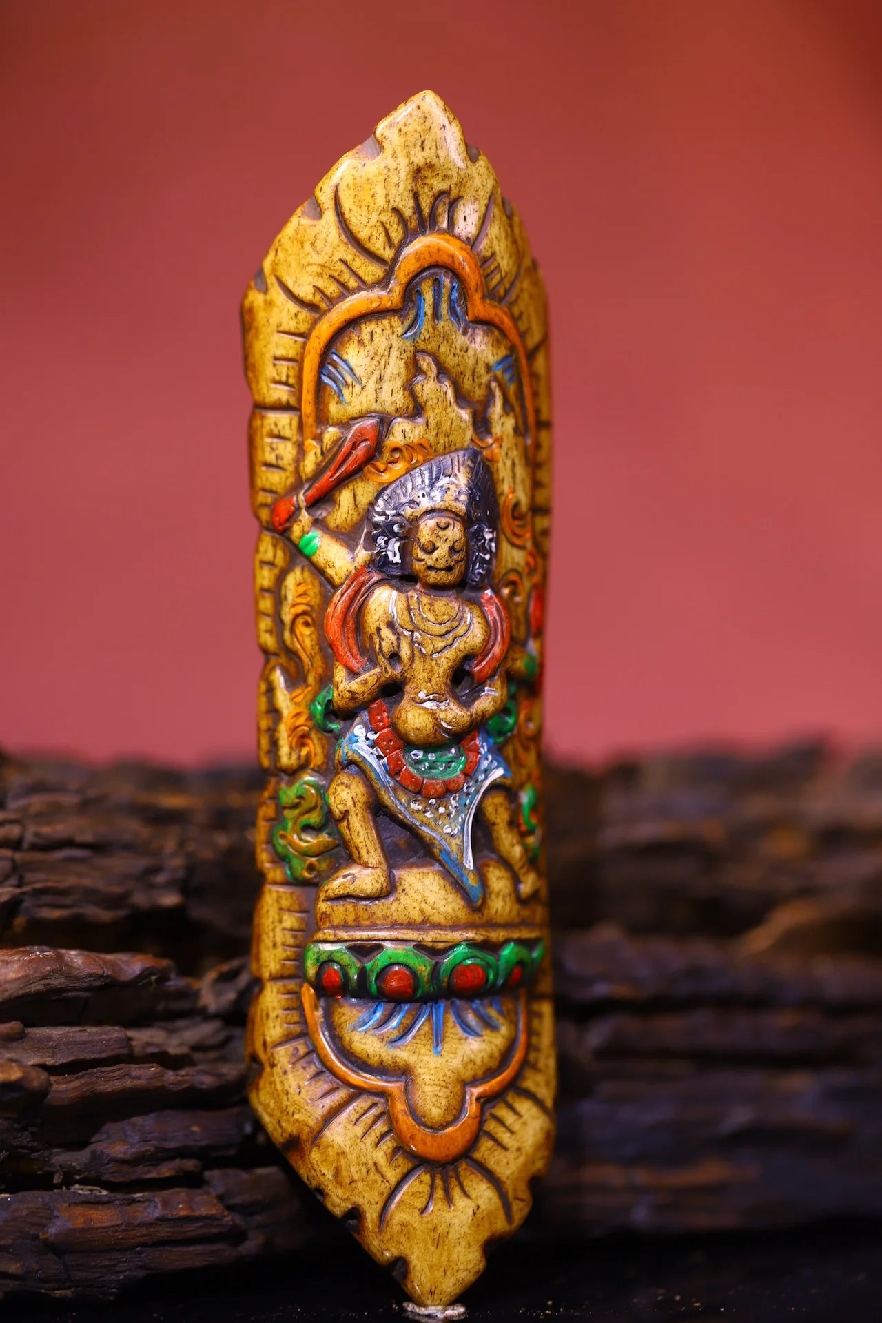 Temple Collection Old Gabala Carving Painted Gabalafo clothing pieces Six arms Mahakala Pendant Amulet  Town house