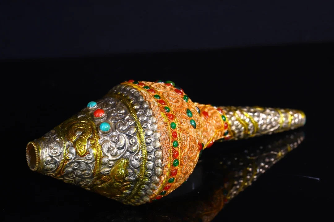 12"Tibetan Temple Collection Old Natural Conch Tibetan silver Gilded Mosaic Gem Conch Amulet Dharma Town house Exorcism