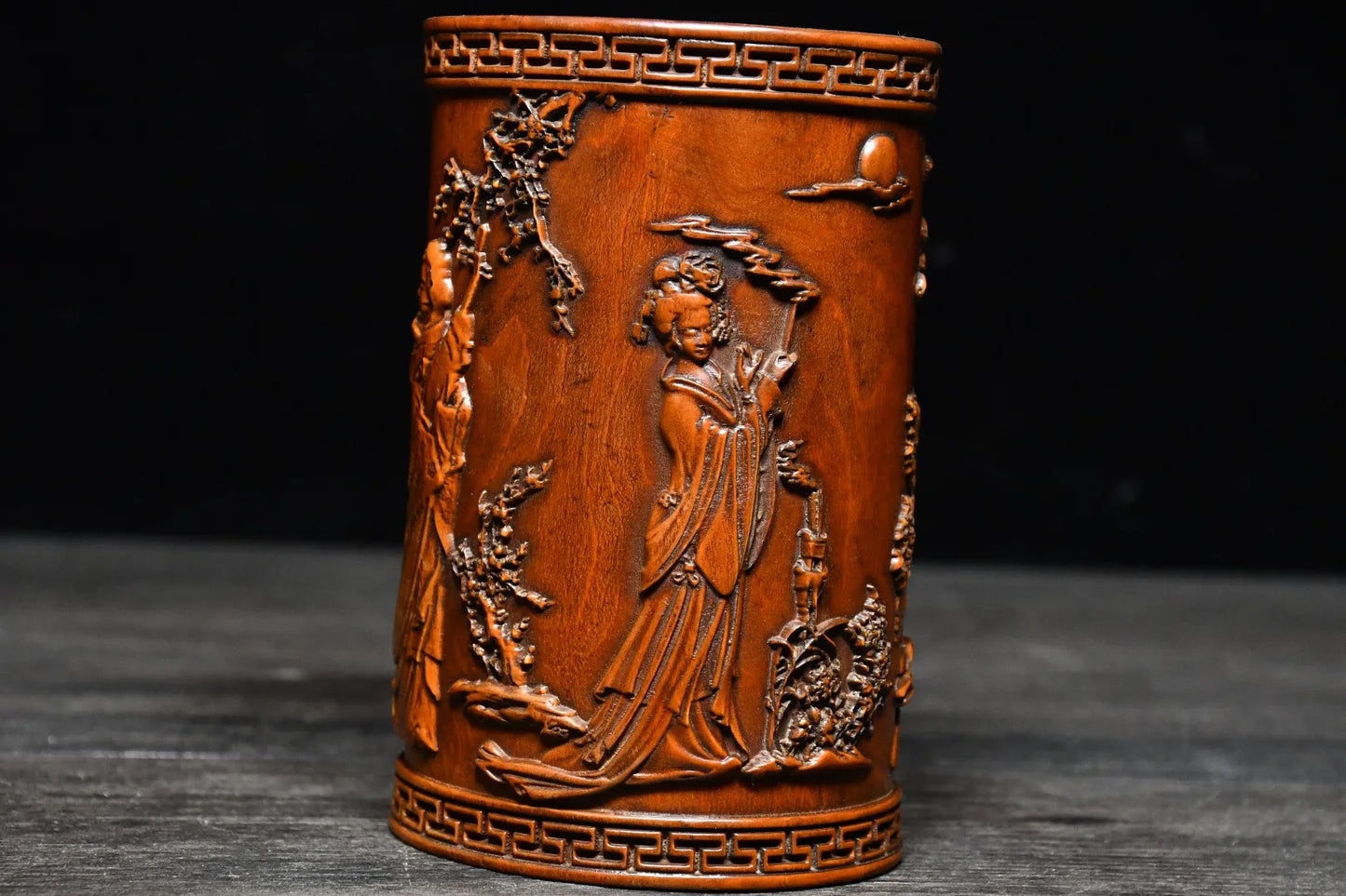 5"Tibetan Temple Collection Old Boxwood Classical four beauties Statue pattern Pen holder Office Supplies Wooden penholder