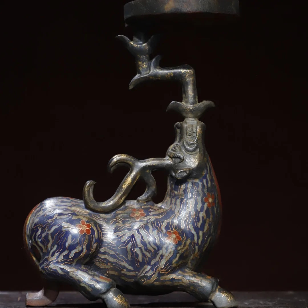 10" Tibetan Temple Collection Old Bronze Cloisonné Sika Deer Candle Holder