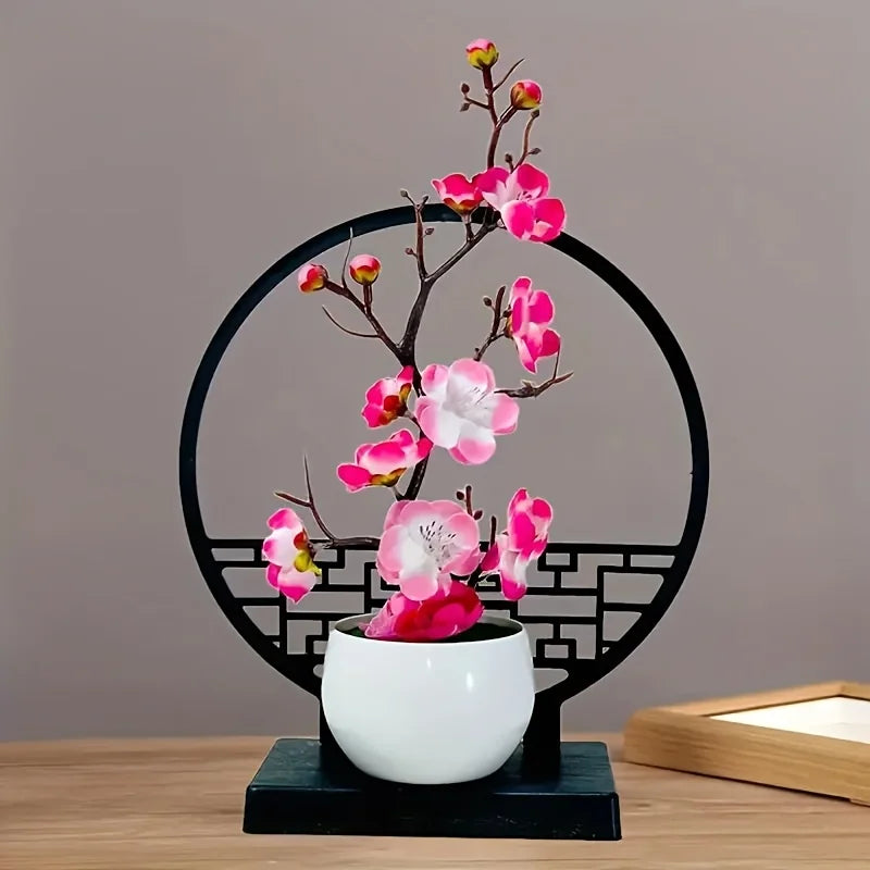Faux Winter Plum Blossom Bonsai (Meihua) – Oriental Ceramic Tabletop Centerpiece for Tea & Living Rooms
