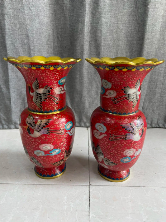 Tibetan Bronze Cloisonné Longevity Crane Vases (Pair, 9")
