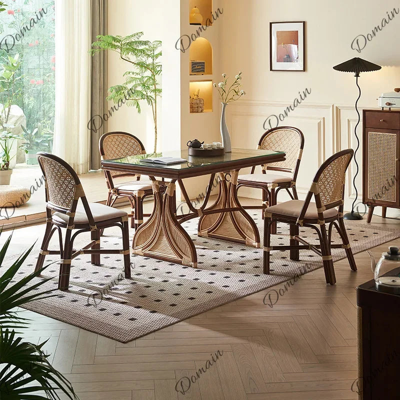 V81 Southeast Asian Rattan Dining Table Vintage Rustic Creative Art Table Chair Set Rectangular Restaurant Furniture