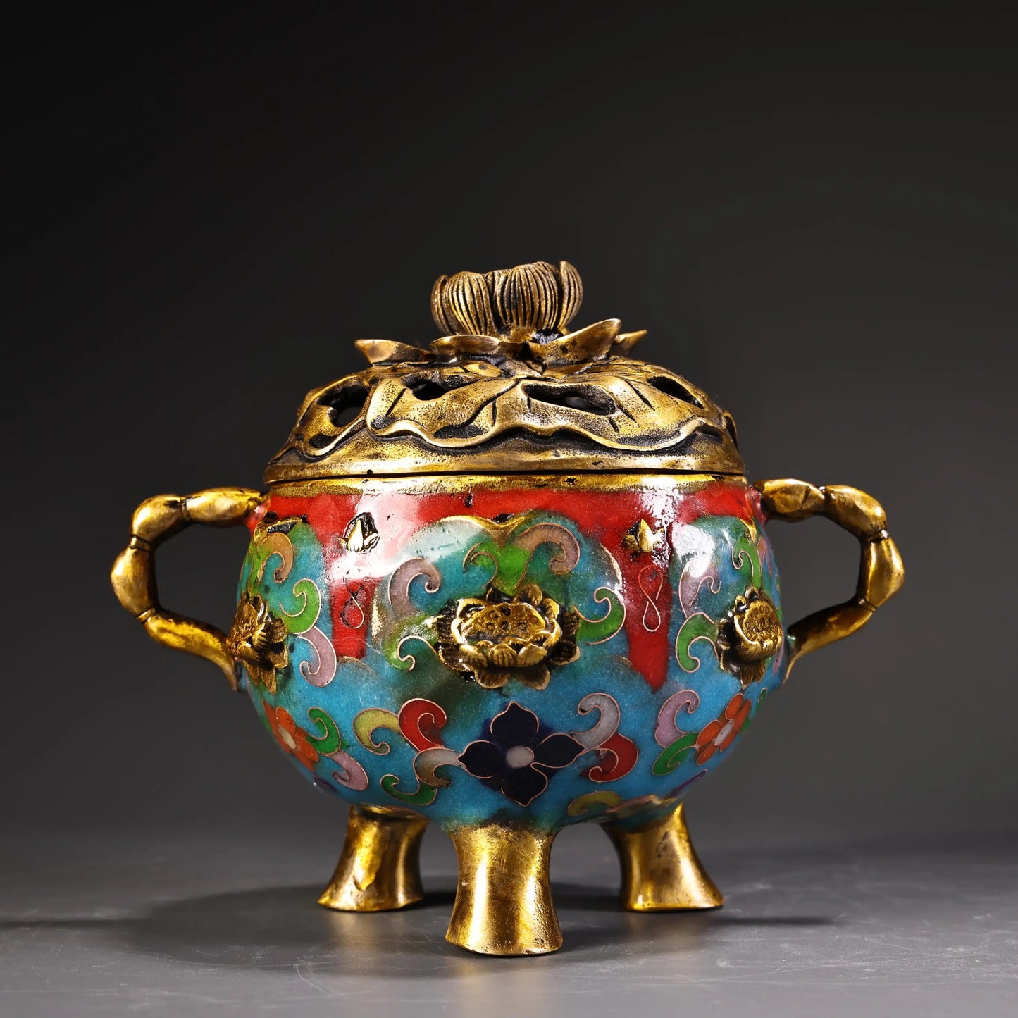 6"Tibetan Temple Collection Old Bronze Cloisonn Enamel High Relief Lotus cover Lotus Root Ear Three Legged Incense Burner