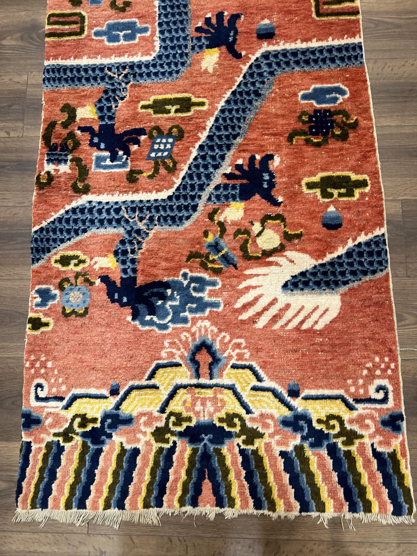Alfombra de pilar china Ningxia rara de 3x8, finales de la dinastía Qing, dragón de 5 garras, borde de arcoíris de nubes, alfombra antigua coleccionable, lana anudada a mano