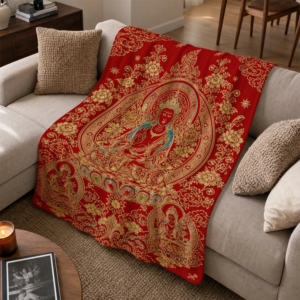 Ornate Thai Buddhist Tapestry Throw Blanket – Luxurious Red & Gold Sacred Art Blanket
