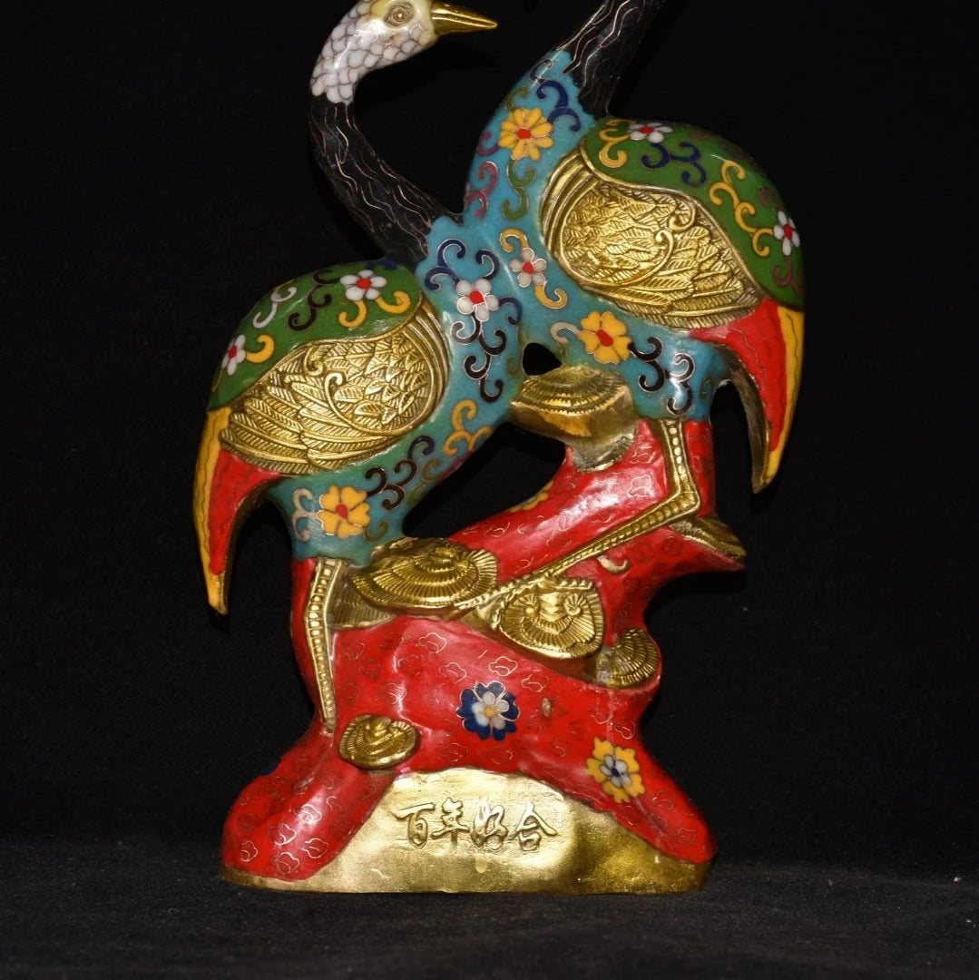 15" Tibet Tempel Sammlung Alt Bronze Cloisonne Emaille Doppelkranich Statue Mandschurenkranich Hundert Jahre Versöhnung