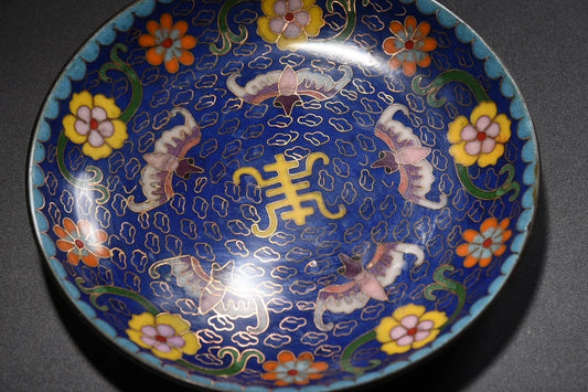Tibetan Temple Cloisonné Five-Bat Longevity Plate – Bronze Reward Screen (7")