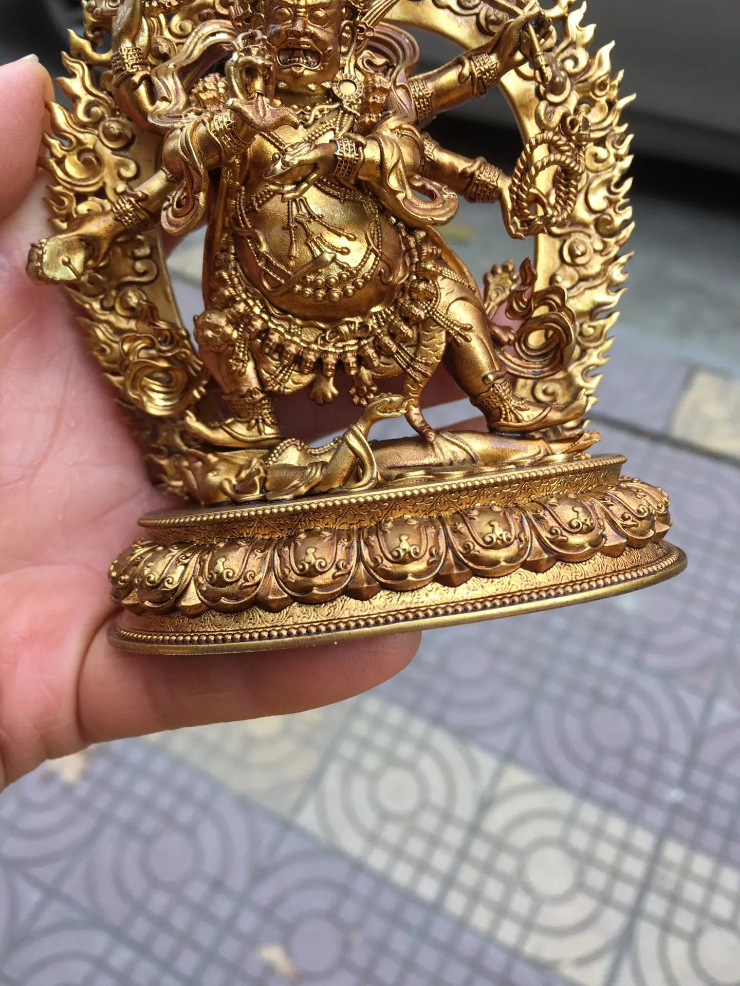 4" Tibetan Temple Collection Old Bronze Gilded Six-Armed Mahakala on Lotus Terrace