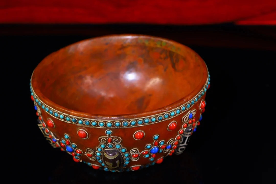 Tibetan Crystal Mosaic Gem gZi Bead Buddha Bowl (5")