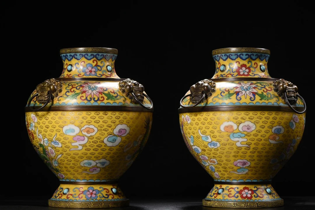 Tibetan Bronze Cloisonné Dragon & Phoenix Vases (Pair, 12")