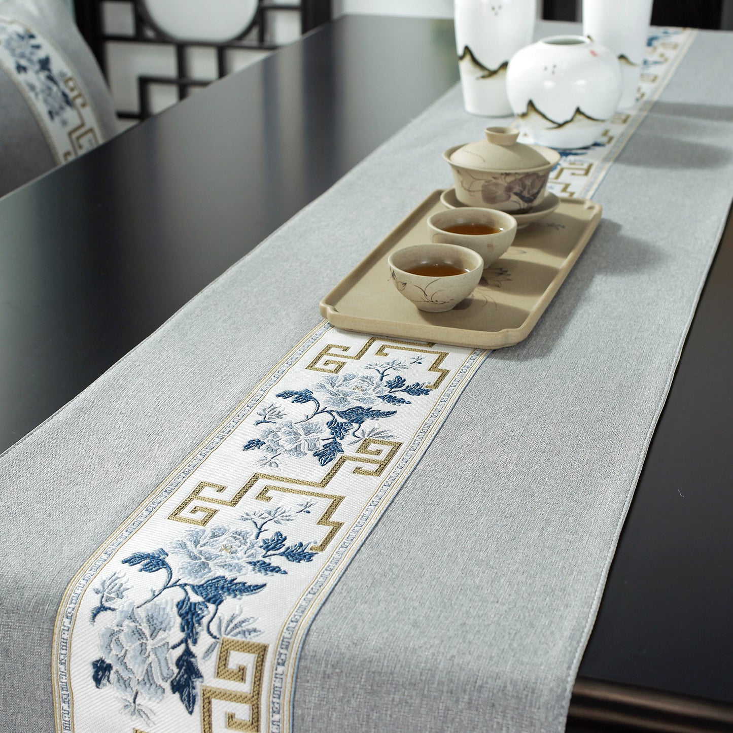 Chinese Table Runner with Floral and Zen Pattern