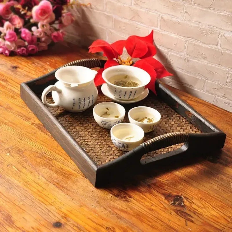 Southeast Asian Wooden Storage Tray - Handicraft Rattan Tea Tray for Water Cups and Tea Cups