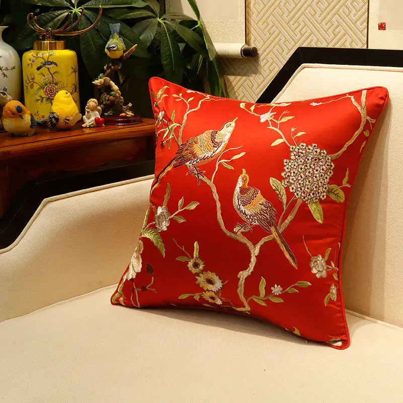 New Chinese-Style Flower & Bird Embroidered Pillow Cover – Silk-Touch Lumbar & Square Cushion Case