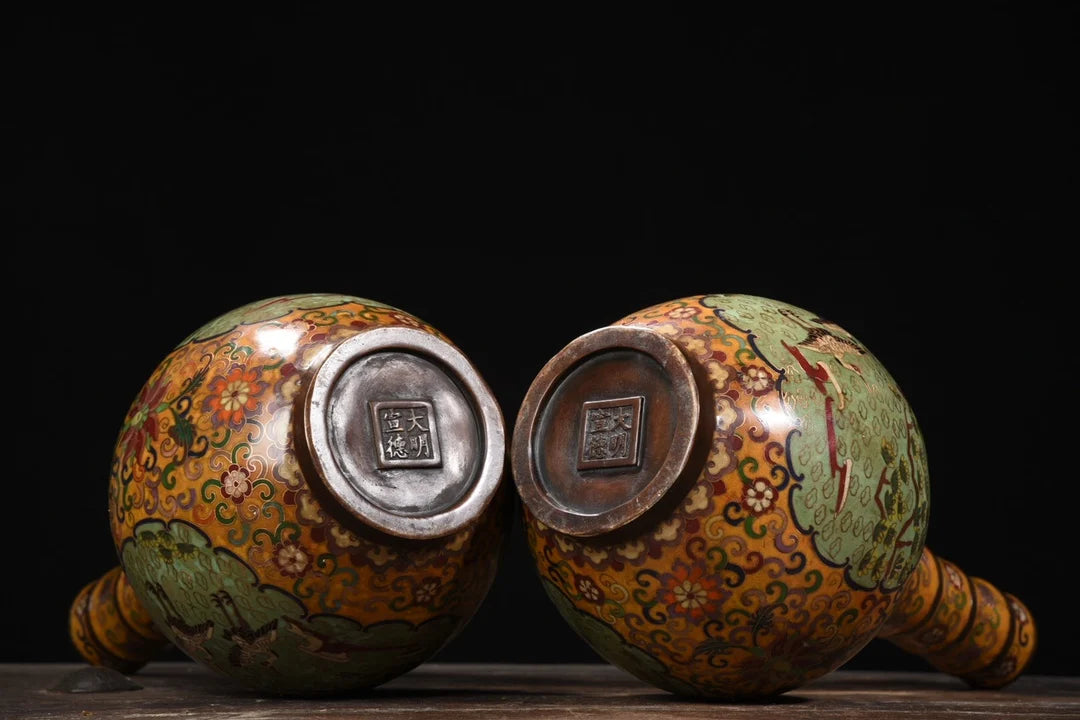 Tibetan Purple Bronze Cloisonné Pine & Crane Vases (Pair, 14")