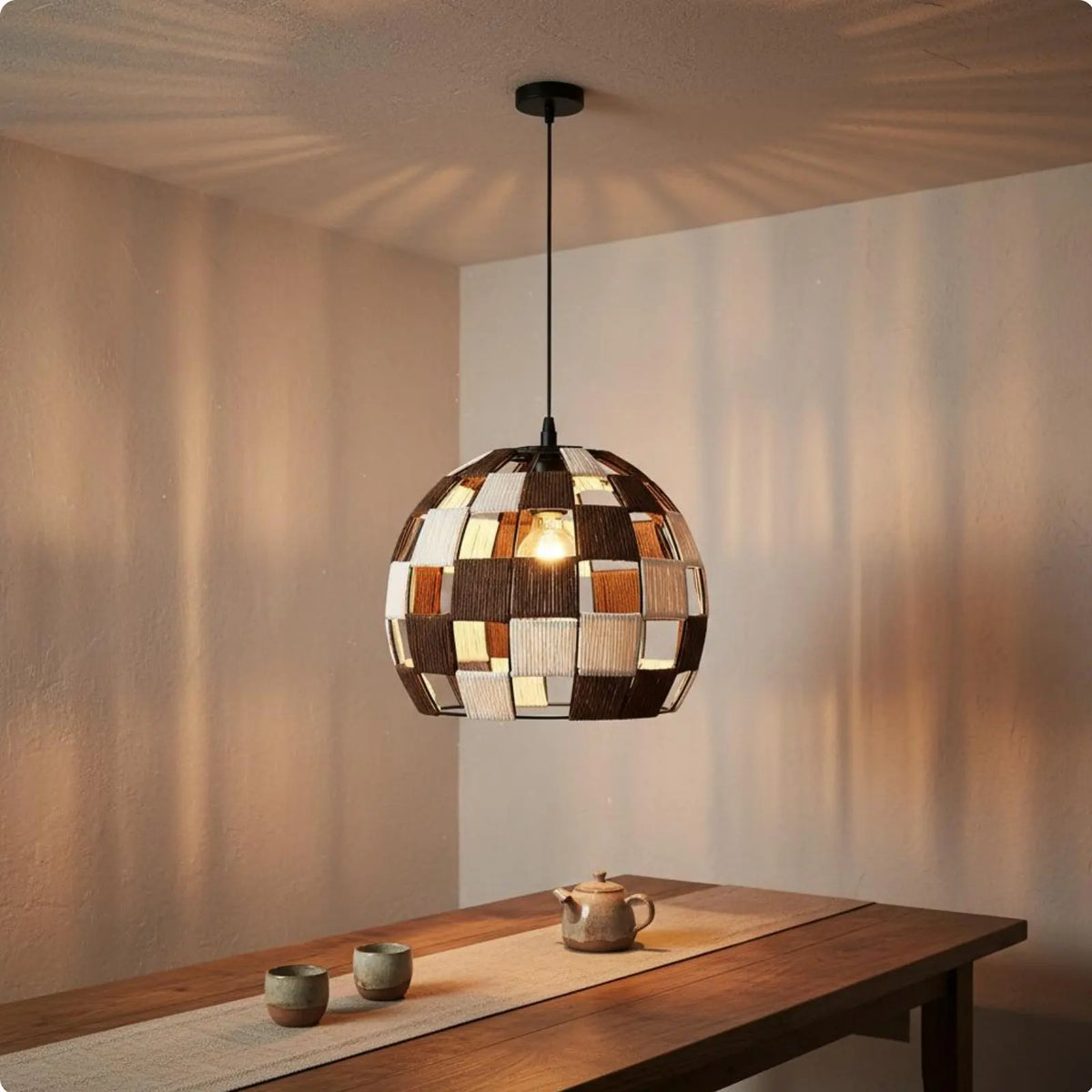 Natural Rattan Sphere Pendant Light – Japanese Woven Globe Hanging Lamp