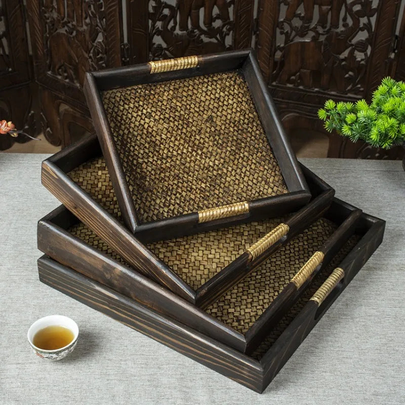 Southeast Asian Wooden Storage Tray - Handicraft Rattan Tea Tray for Water Cups and Tea Cups