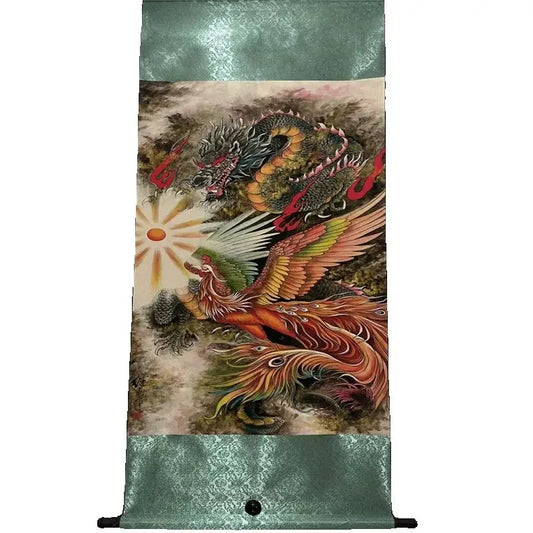 Chinesische Reispapierrolle „Glücksverheißender Drache & Phönix im Liu Jilu-Stil“