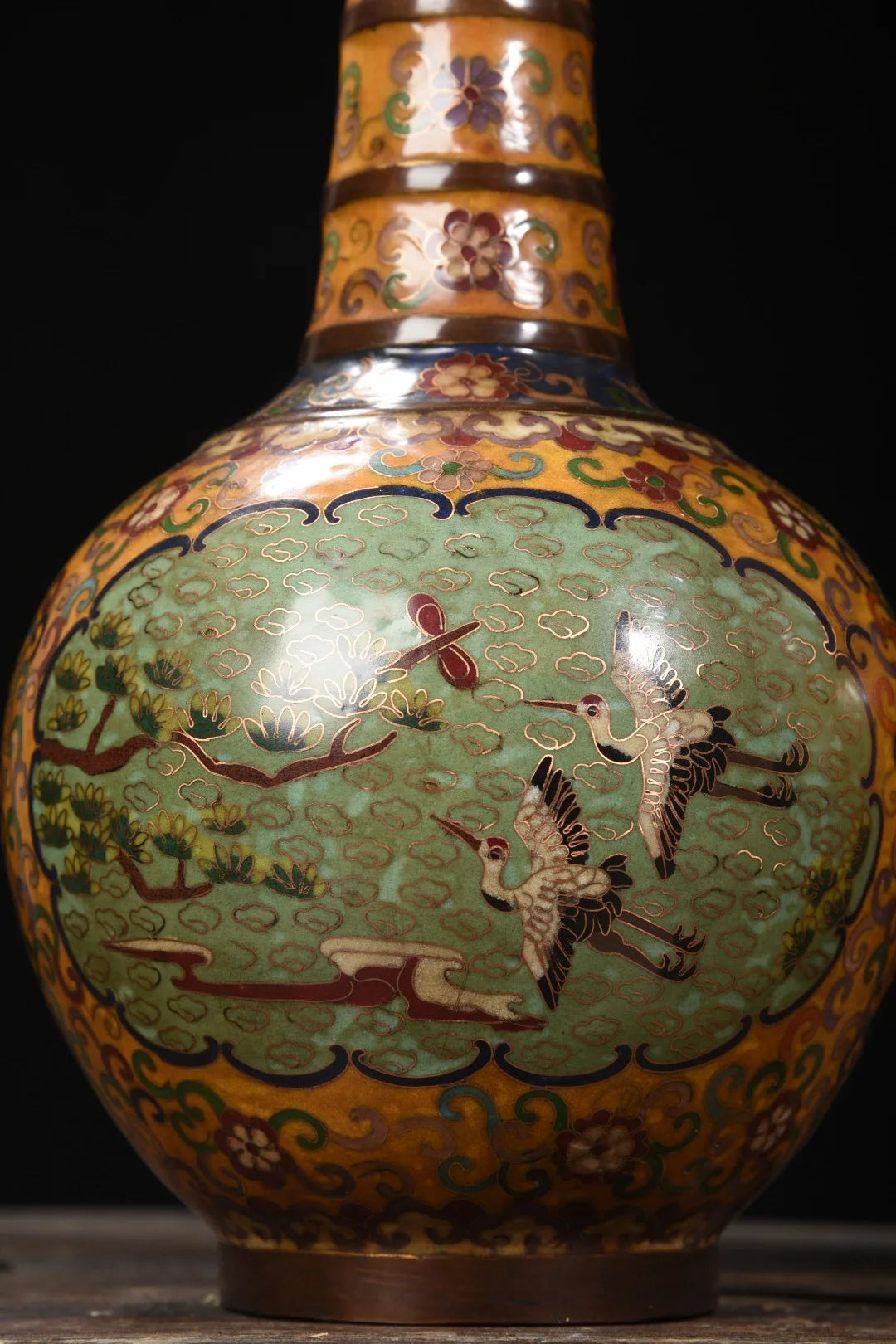Tibetan Purple Bronze Cloisonné Pine & Crane Vases (Pair, 14")