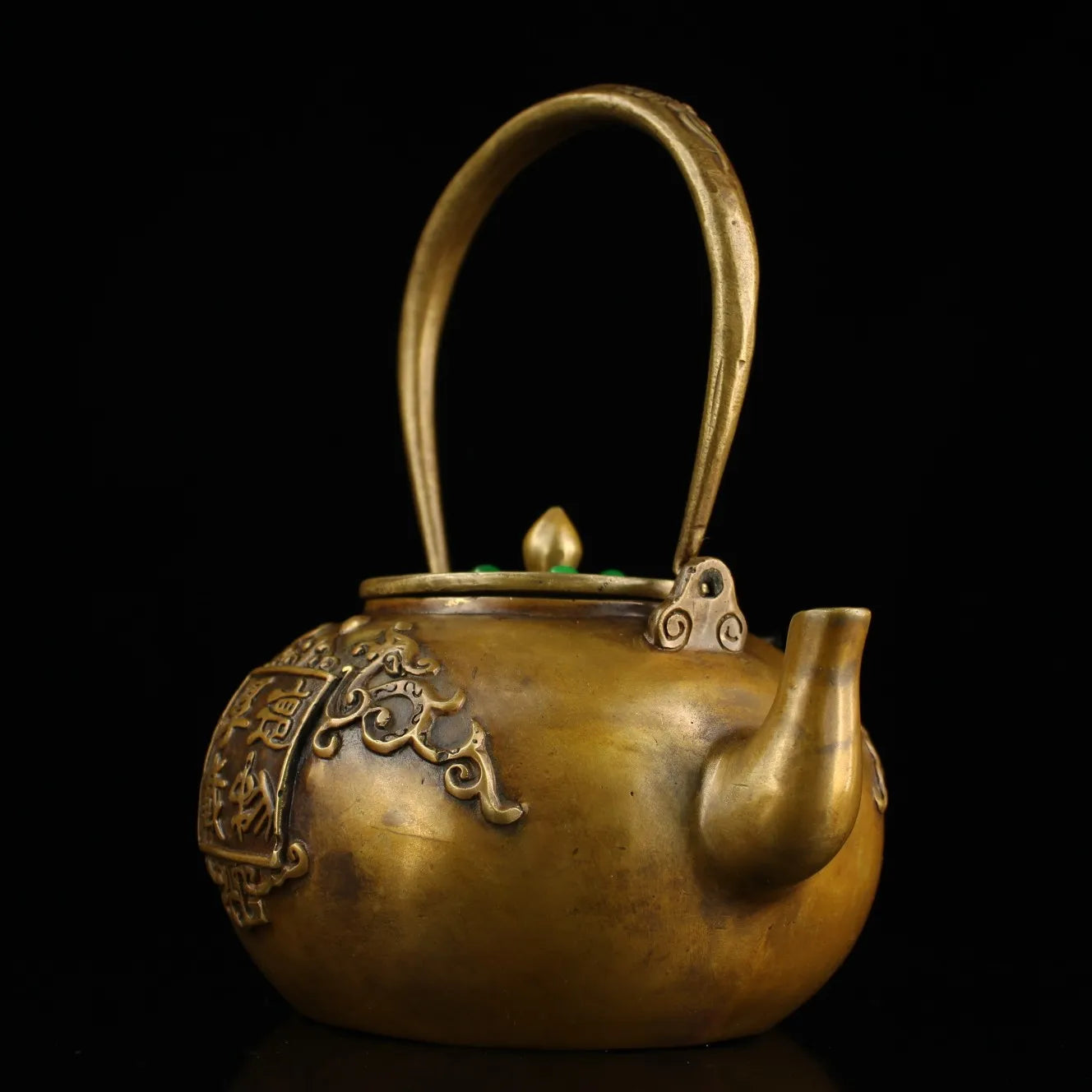 8"Tibetan Temple Collection Old Bronze Mosaic Gem Honesty teapot Handle pot kettle flagon Office Ornaments Town House