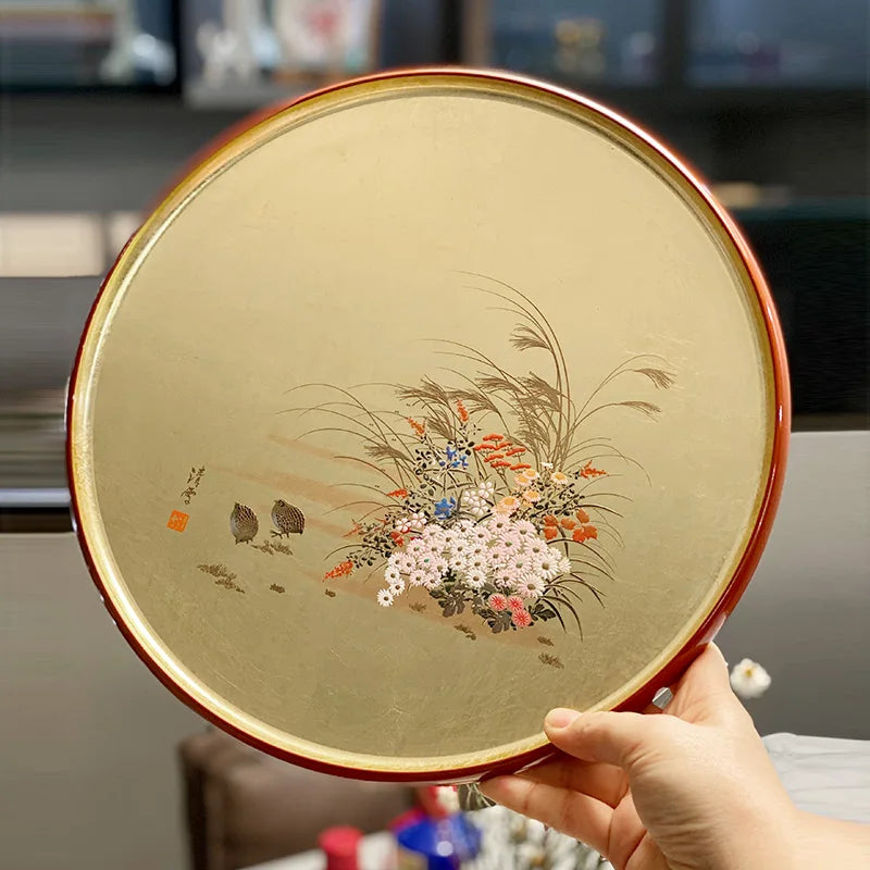 Handgemachtes rundes Tablett mit Goldfolie im japanischen Stil, Teeteller, Obstteller, Berg-Lackkunsthandwerk, Essgeschirr