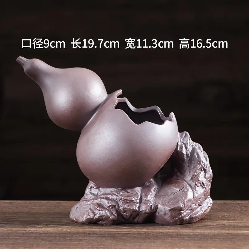Chinese Purple Clay Gourd Bonsai Pot – Zen Bamboo Landscape Desktop Planter Basin