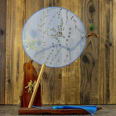 Translucent Silk Chinese Round Hand Fan, Floral, Unisex