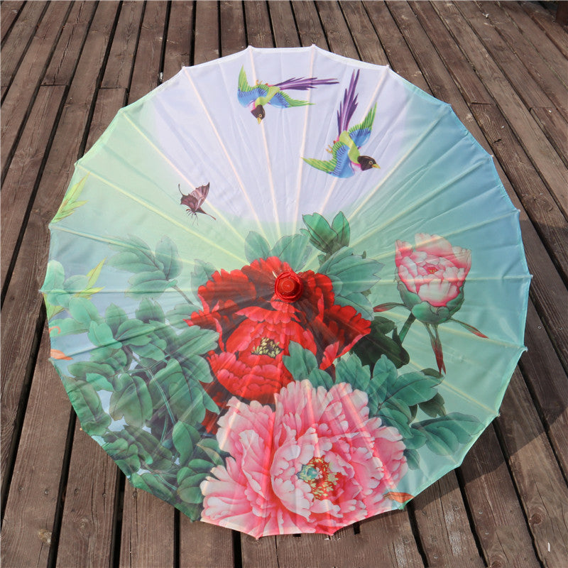 Chinese Style Silk Print Bamboo Umbrella