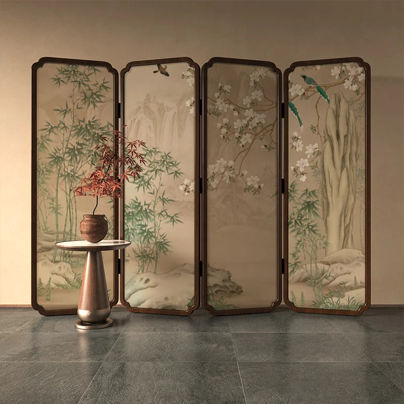Zen Wood Folding Screen Partition | Floral & Bird Room Divider